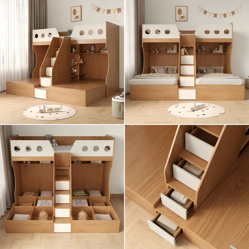 Lit superposé triple robuste avec escalier à tiroirs et étagère de rangement