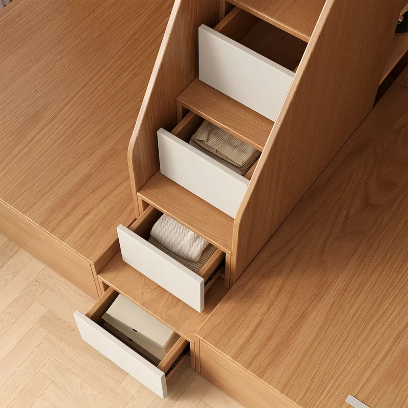 Lit superposé triple robuste avec escalier à tiroirs et étagère de rangement