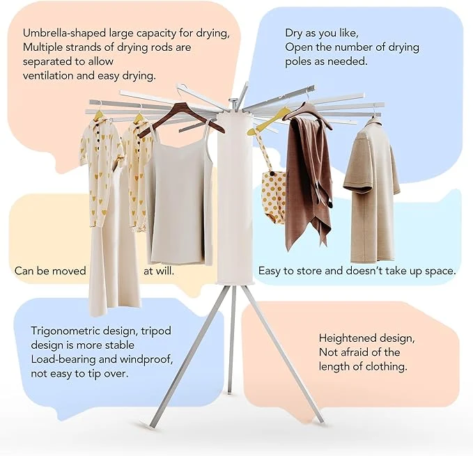 Étendoir à linge pliable et rétractable à 16 poteaux