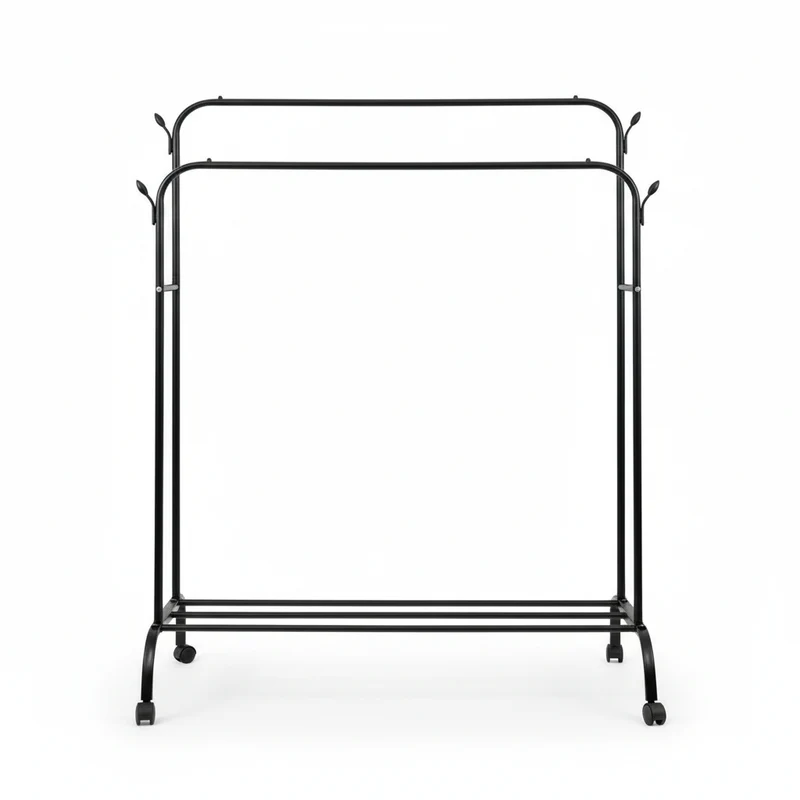 Porte Manteau Noir Sur Roulettes Avec Double Barre Et Étagère 150 x 110 x 57 cm