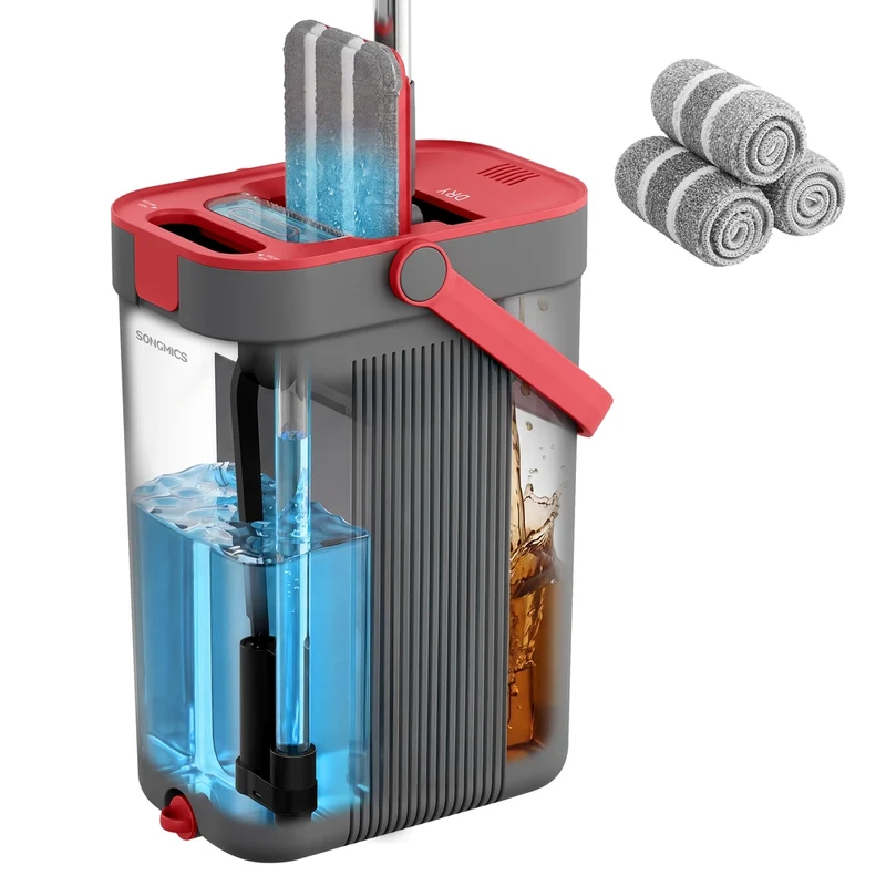 Kit balai serpillière plat avec seau, manche en acier inoxydable