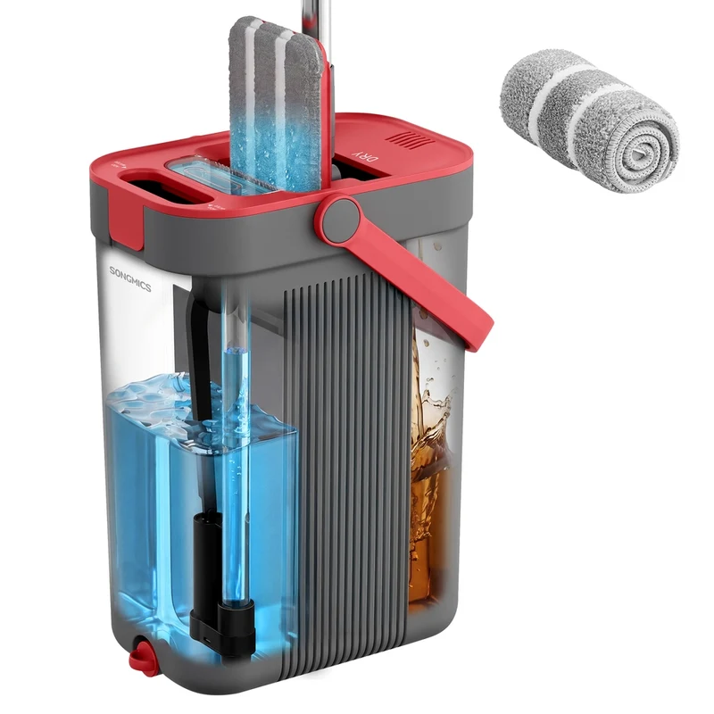 Kit balai serpillière plat avec seau, manche en acier inoxydable