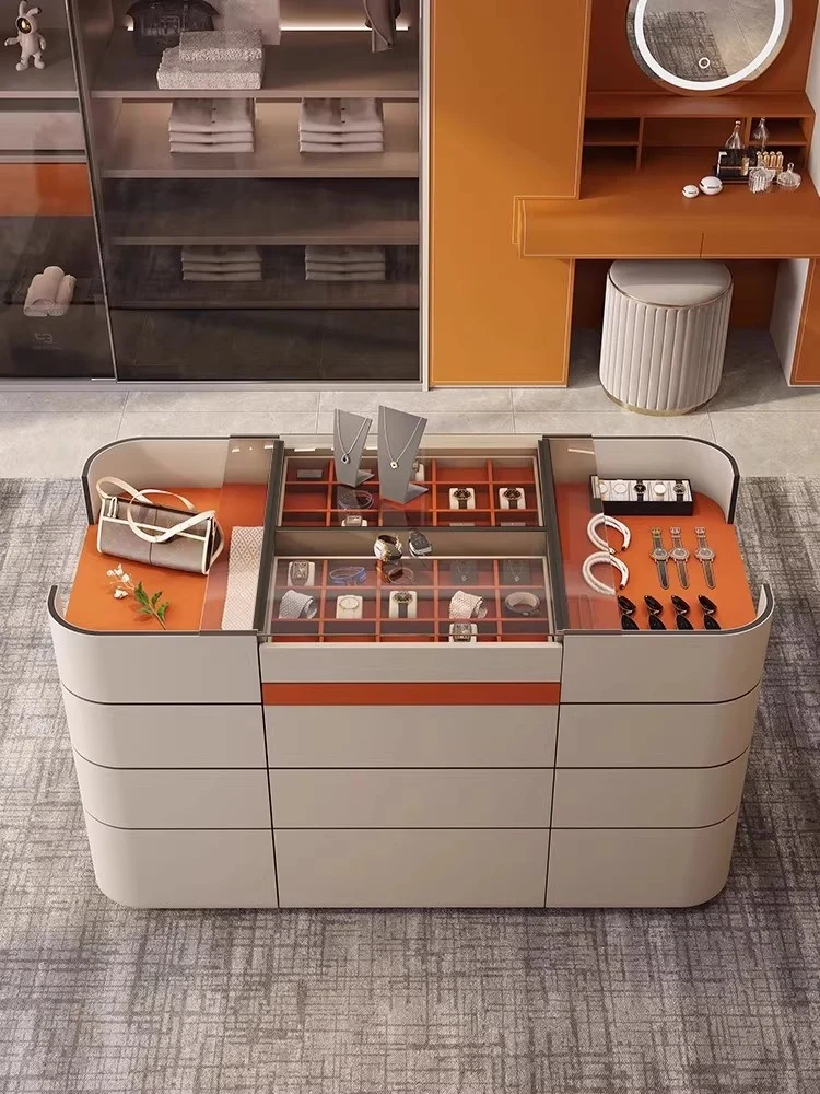 Armoire-penderie/meuble-porte-bijoux îlot en cuir de selle léger de luxe avec 12 tiroirs