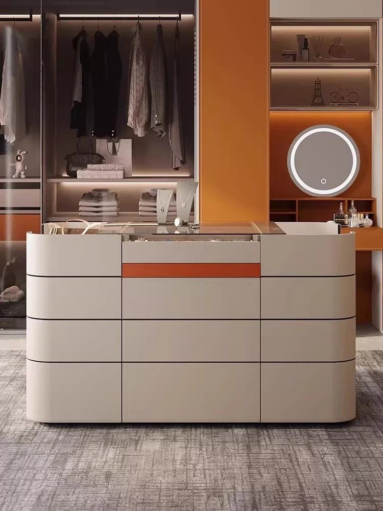 Armoire-penderie/meuble-porte-bijoux îlot en cuir de selle léger de luxe avec 12 tiroirs