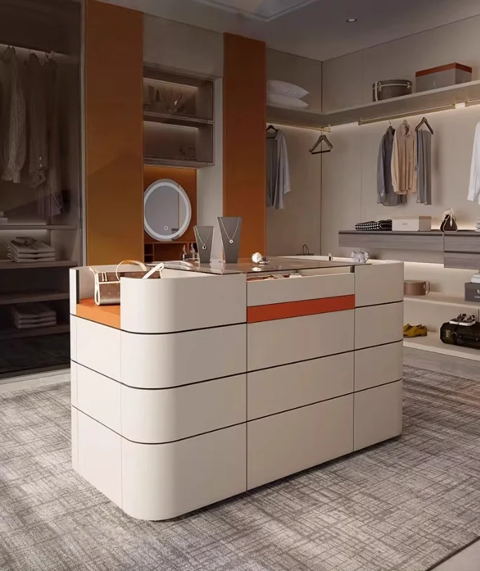 Armoire-penderie/meuble-porte-bijoux îlot en cuir de selle léger de luxe avec 12 tiroirs