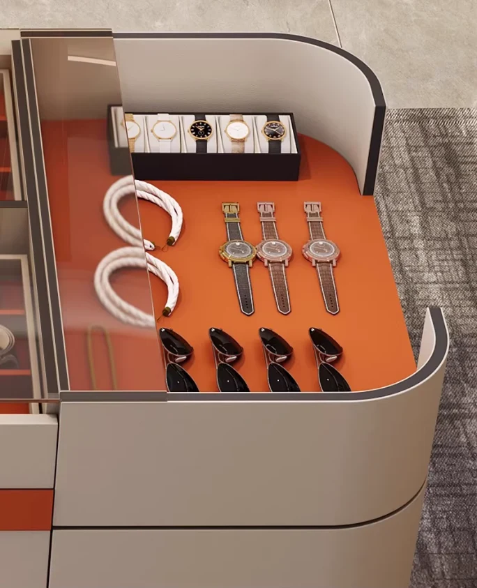Armoire-penderie/meuble-porte-bijoux îlot en cuir de selle léger de luxe avec 12 tiroirs