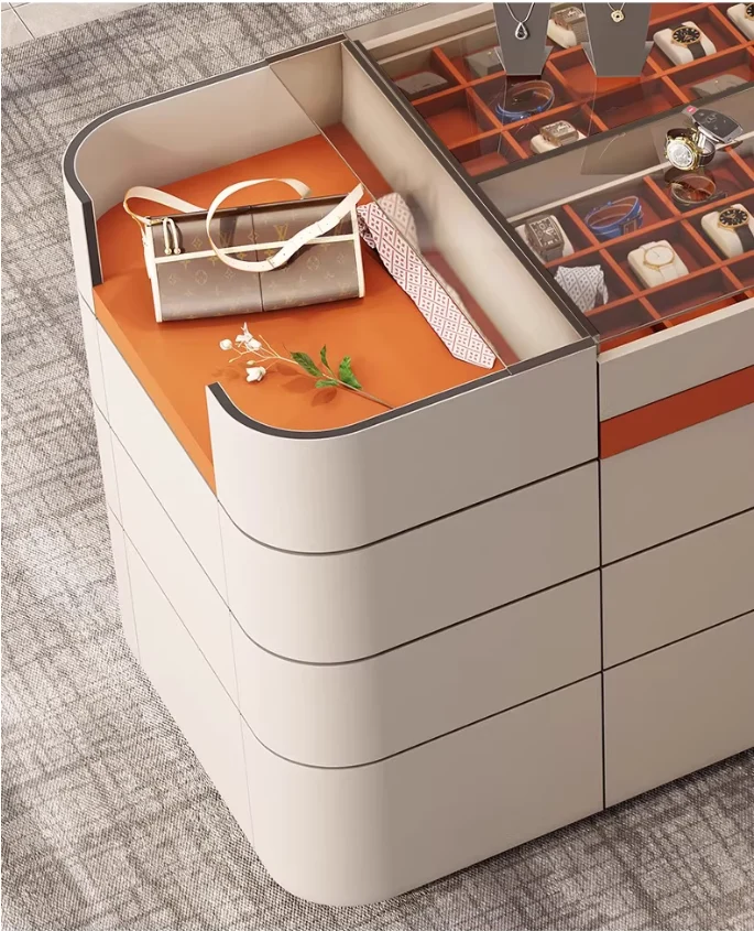 Armoire-penderie/meuble-porte-bijoux îlot en cuir de selle léger de luxe avec 12 tiroirs