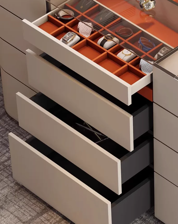 Armoire-penderie/meuble-porte-bijoux îlot en cuir de selle léger de luxe avec 12 tiroirs