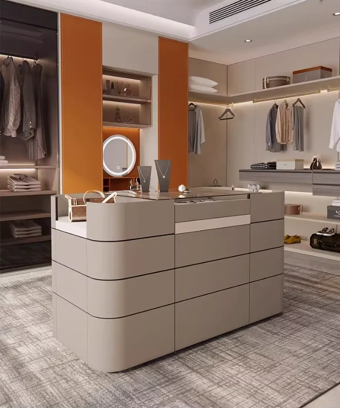 Armoire-penderie/meuble-porte-bijoux îlot en cuir de selle léger de luxe avec 12 tiroirs