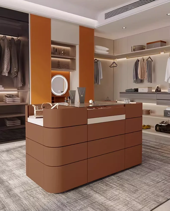 Armoire-penderie/meuble-porte-bijoux îlot en cuir de selle léger de luxe avec 12 tiroirs