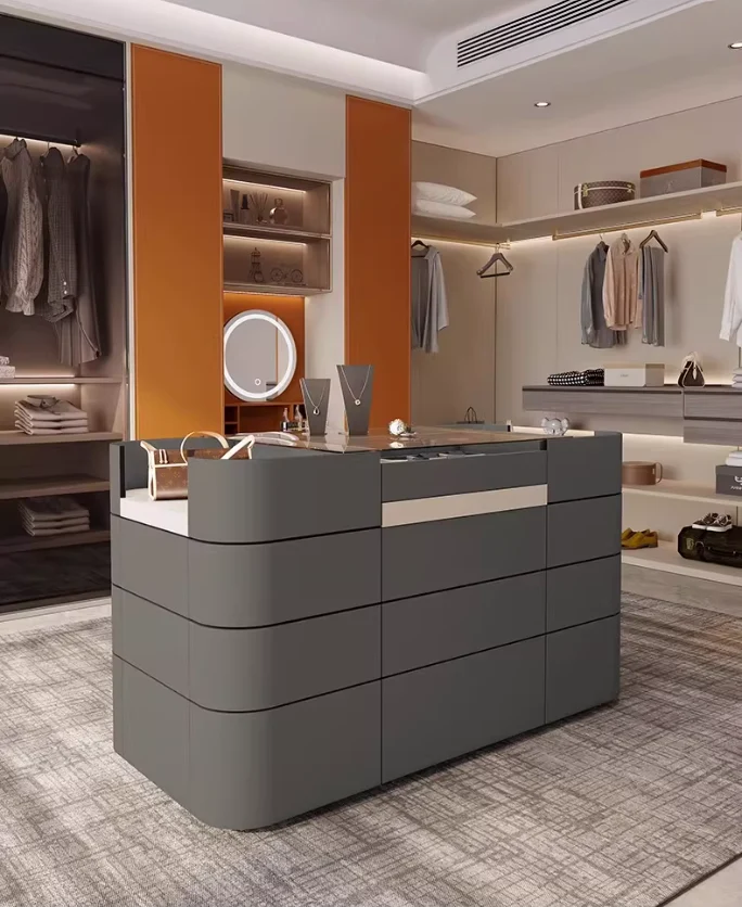 Armoire-penderie/meuble-porte-bijoux îlot en cuir de selle léger de luxe avec 12 tiroirs