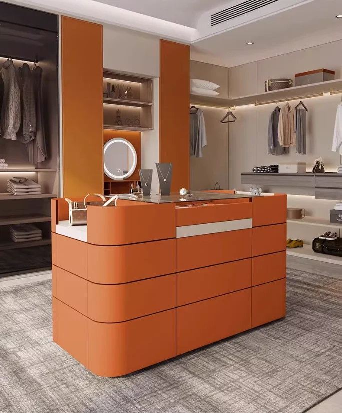 Armoire-penderie/meuble-porte-bijoux îlot en cuir de selle léger de luxe avec 12 tiroirs
