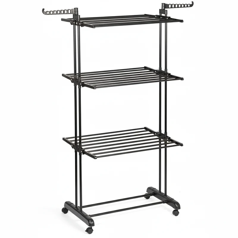 Etendoir a linge vertical en métal noir sur roulettes 125 x 170 cm