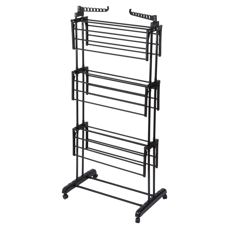 Etendoir a linge vertical en métal noir sur roulettes 125 x 170 cm