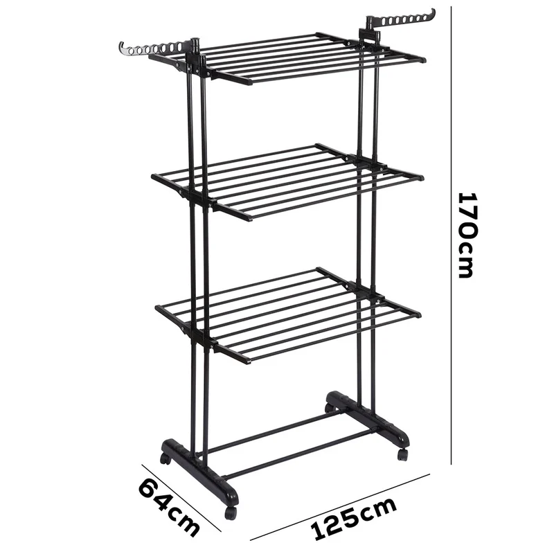 Etendoir a linge vertical en métal noir sur roulettes 125 x 170 cm
