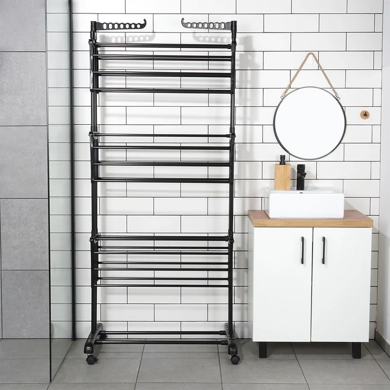 Etendoir a linge vertical en métal noir sur roulettes 125 x 170 cm