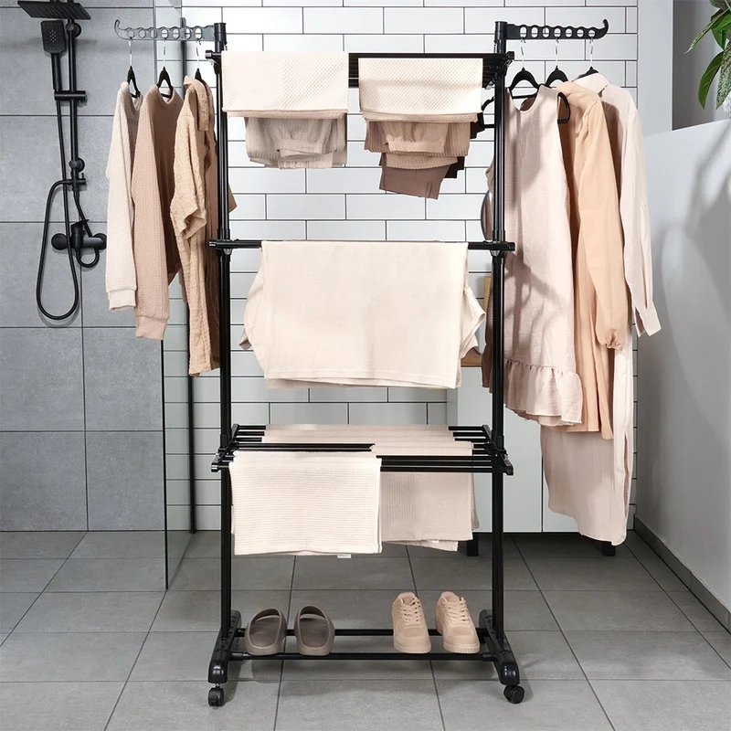 Etendoir a linge vertical en métal noir sur roulettes 125 x 170 cm