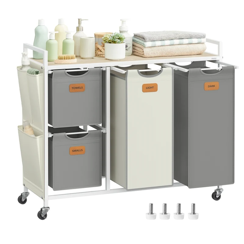 Panier linge 4 compartiments 150 L beige naturel gris tourterelle