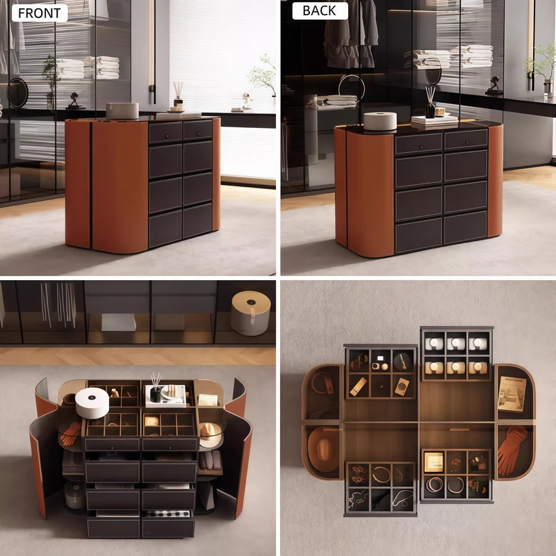Îlot de rangement moderne avec plateau en verre trempé brun