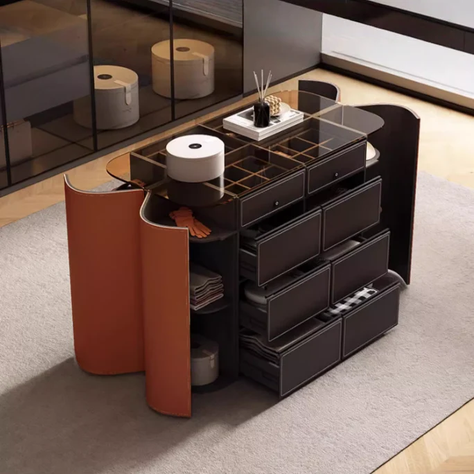Îlot de rangement moderne avec plateau en verre trempé brun