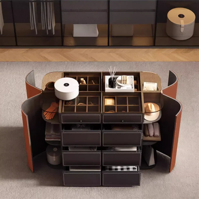 Îlot de rangement moderne avec plateau en verre trempé brun