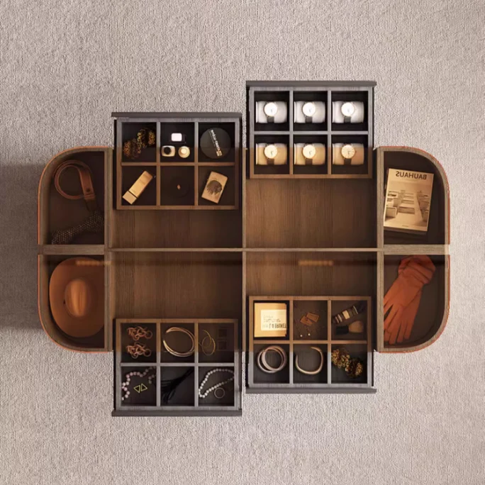 Îlot de rangement moderne avec plateau en verre trempé brun