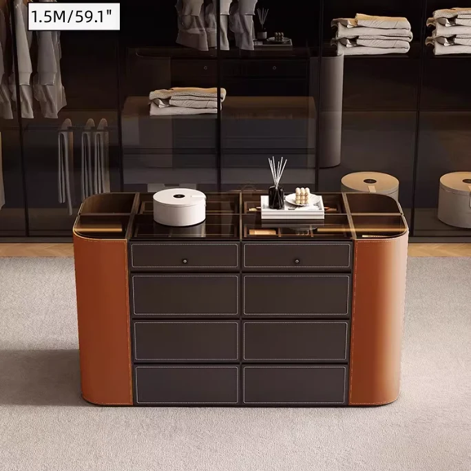 Îlot de rangement moderne avec plateau en verre trempé brun