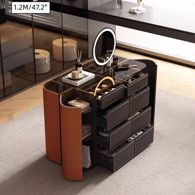 Îlot de rangement moderne avec plateau en verre trempé brun