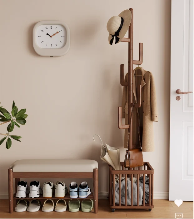 Porte-manteau cactus en bois massif avec panier et roulettes universelles