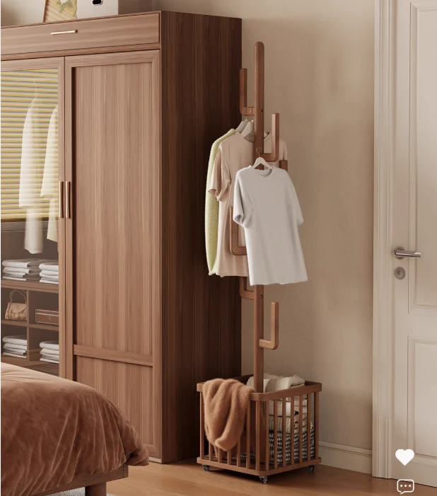 Porte-manteau cactus en bois massif avec panier et roulettes universelles