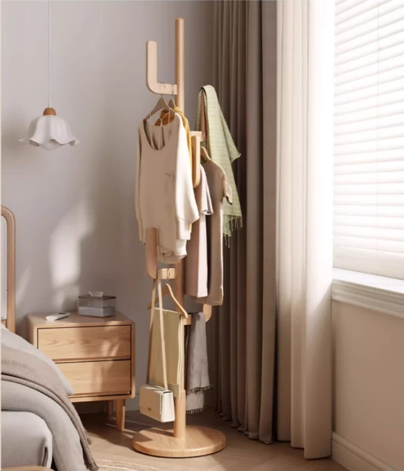 Porte-manteau cactus en bois massif avec panier et roulettes universelles