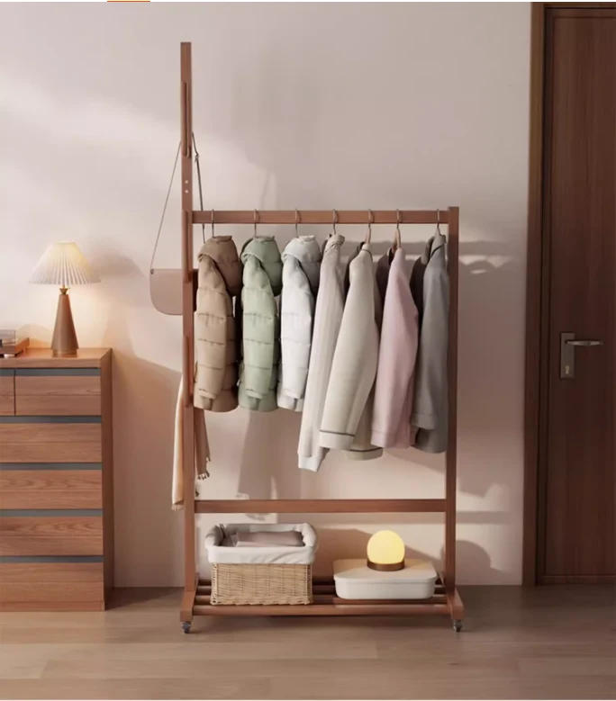 Porte-manteau cactus en bois massif avec panier et roulettes universelles