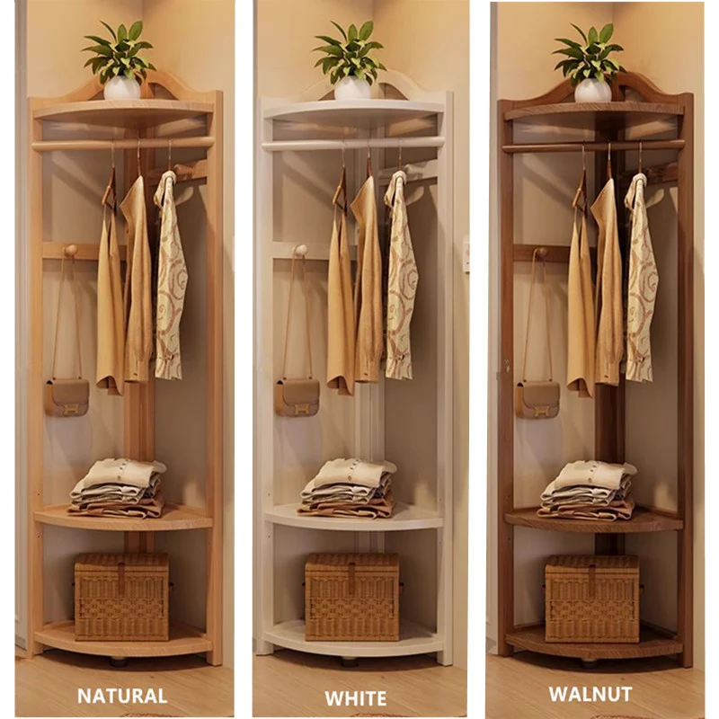 Porte-manteau d'angle en bois massif avec étagère réglable