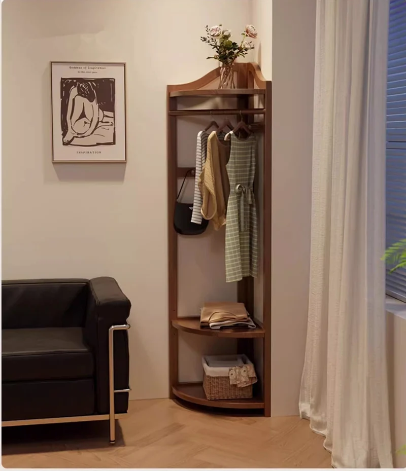 Porte-manteau d'angle en bois massif avec étagère réglable