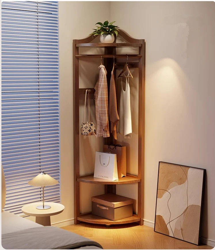 Porte-manteau d'angle en bois massif avec étagère réglable