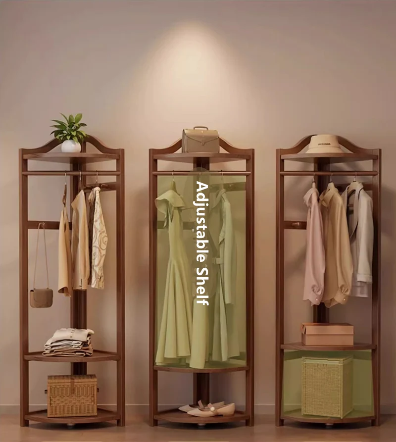 Porte-manteau d'angle en bois massif avec étagère réglable