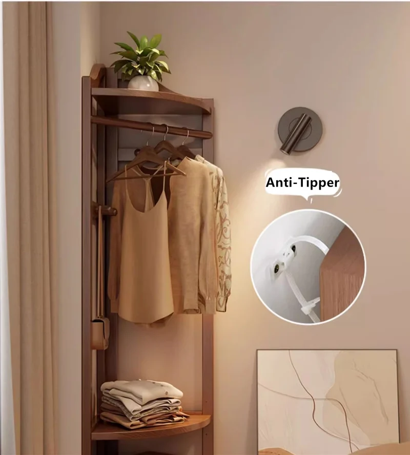 Porte-manteau d'angle en bois massif avec étagère réglable