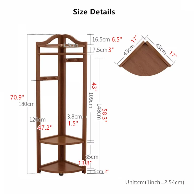 Porte-manteau d'angle en bois massif avec étagère réglable
