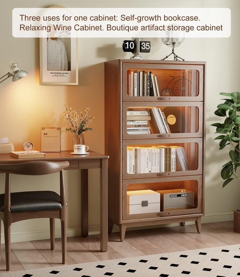 Bibliothèque en bois massif avec portes rabattables en verre trempé