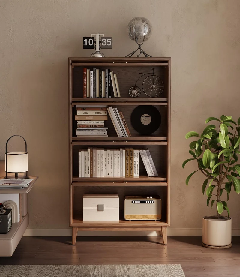 Bibliothèque en bois massif avec portes rabattables en verre trempé