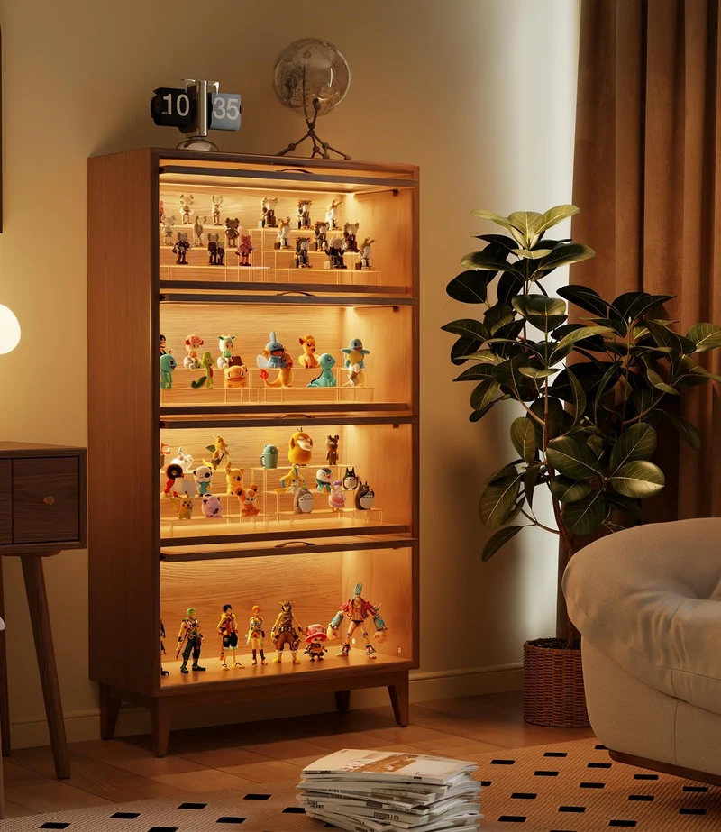 Bibliothèque en bois massif avec portes rabattables en verre trempé