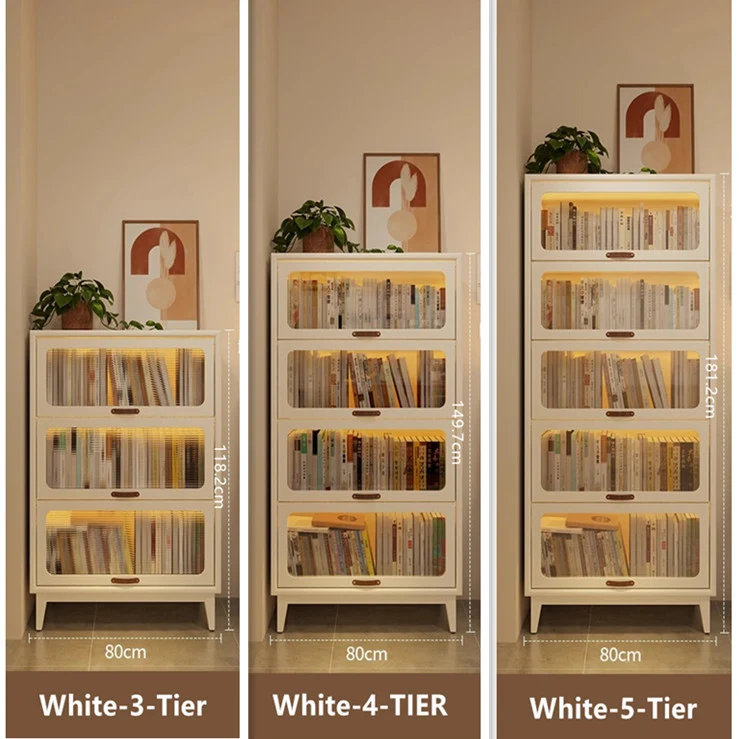 Bibliothèque en bois massif avec portes rabattables en verre trempé