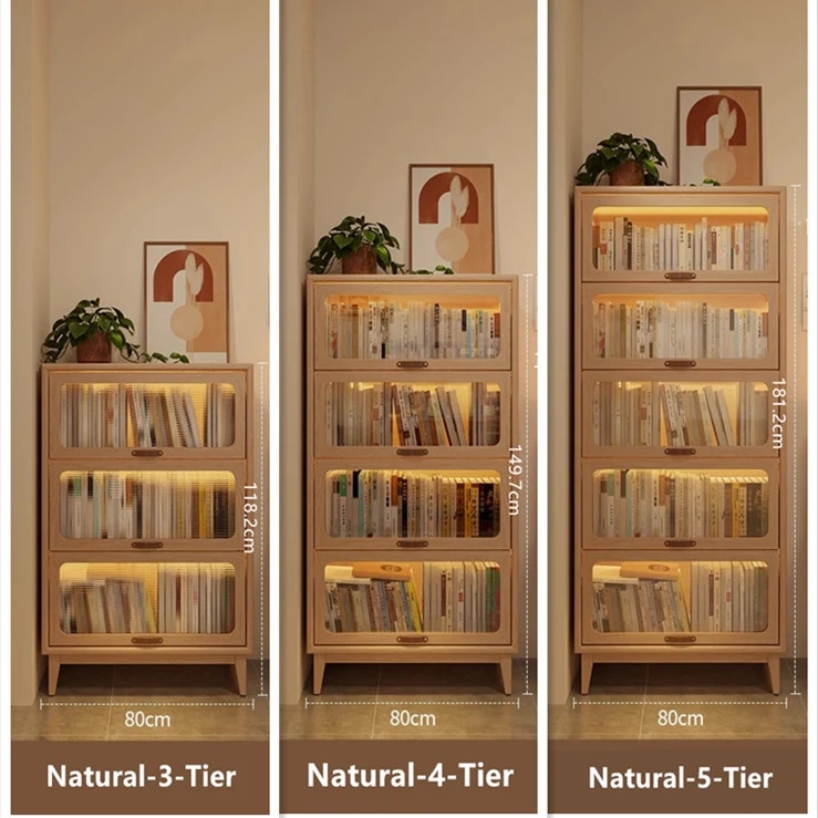 Bibliothèque en bois massif avec portes rabattables en verre trempé