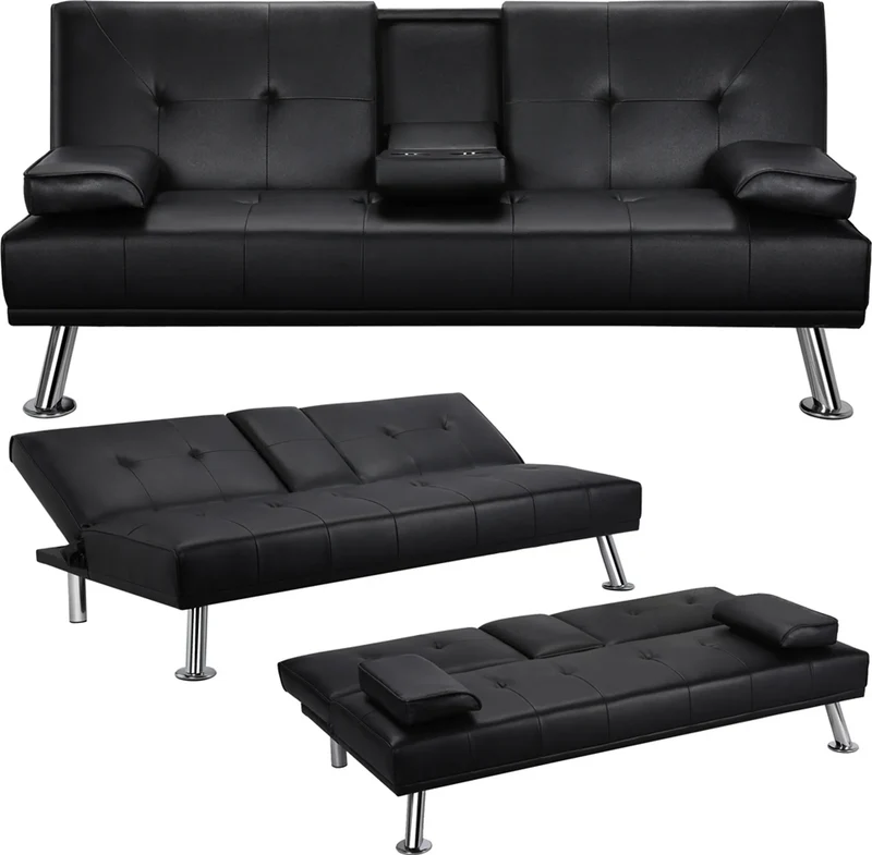 Canapé convertible 3 places avec porte-gobelet 167 x 81,5 x 75 cm simili cuir noir