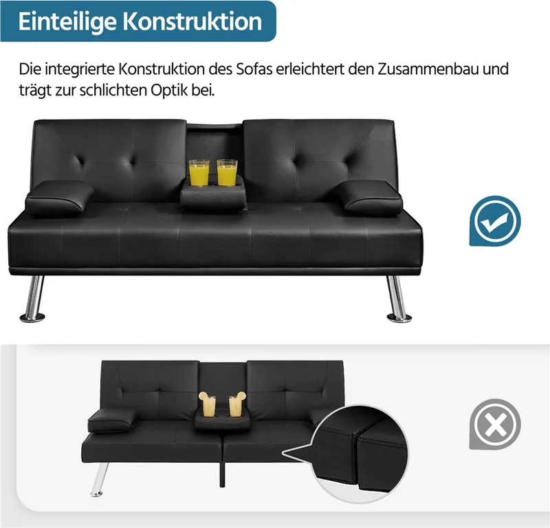 Canapé convertible 3 places avec porte-gobelet 167 x 81,5 x 75 cm simili cuir noir