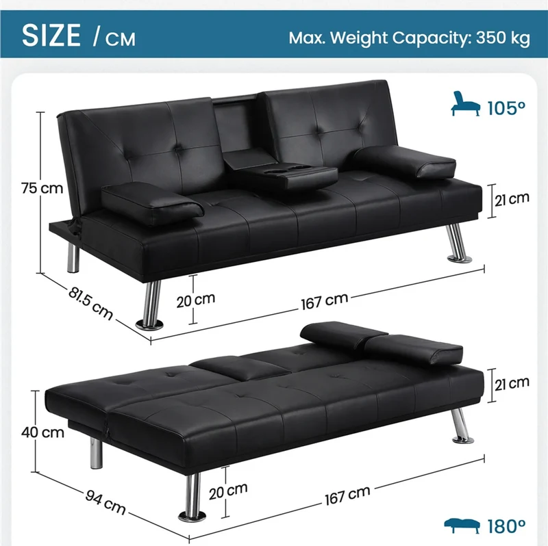 Canapé convertible 3 places avec porte-gobelet 167 x 81,5 x 75 cm simili cuir noir