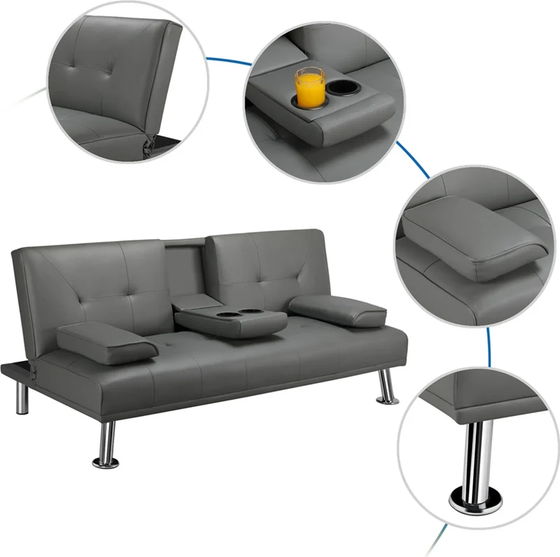 Canapé lit 3 places en similicuir gris 167x81,5x75 cm avec accoudoir rabattable