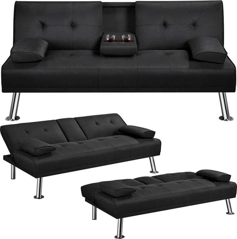Canapé lit clic clac noir, 3 places, réglage 3 angles, porte-gobelet 167x94 cm