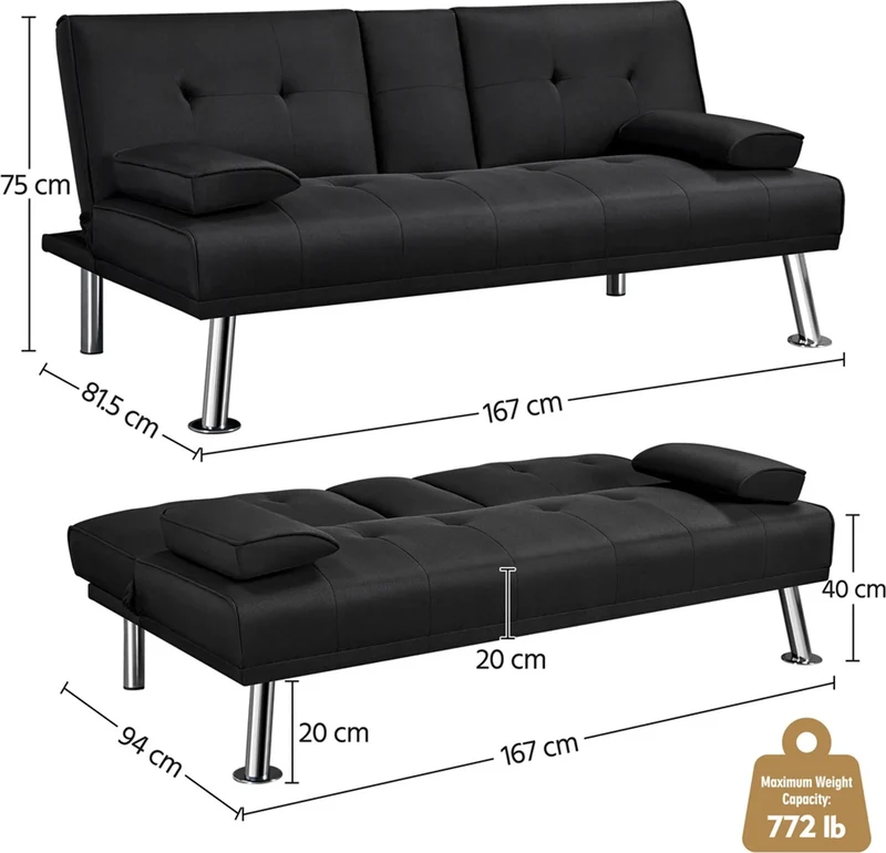 Canapé lit clic clac noir, 3 places, réglage 3 angles, porte-gobelet 167x94 cm