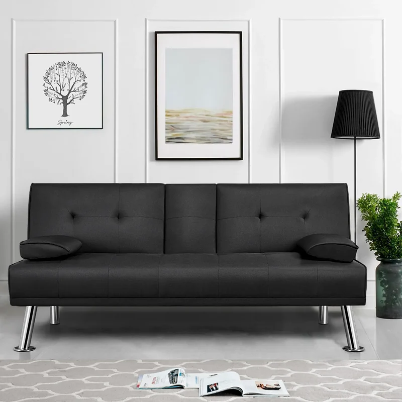 Canapé lit clic clac noir, 3 places, réglage 3 angles, porte-gobelet 167x94 cm